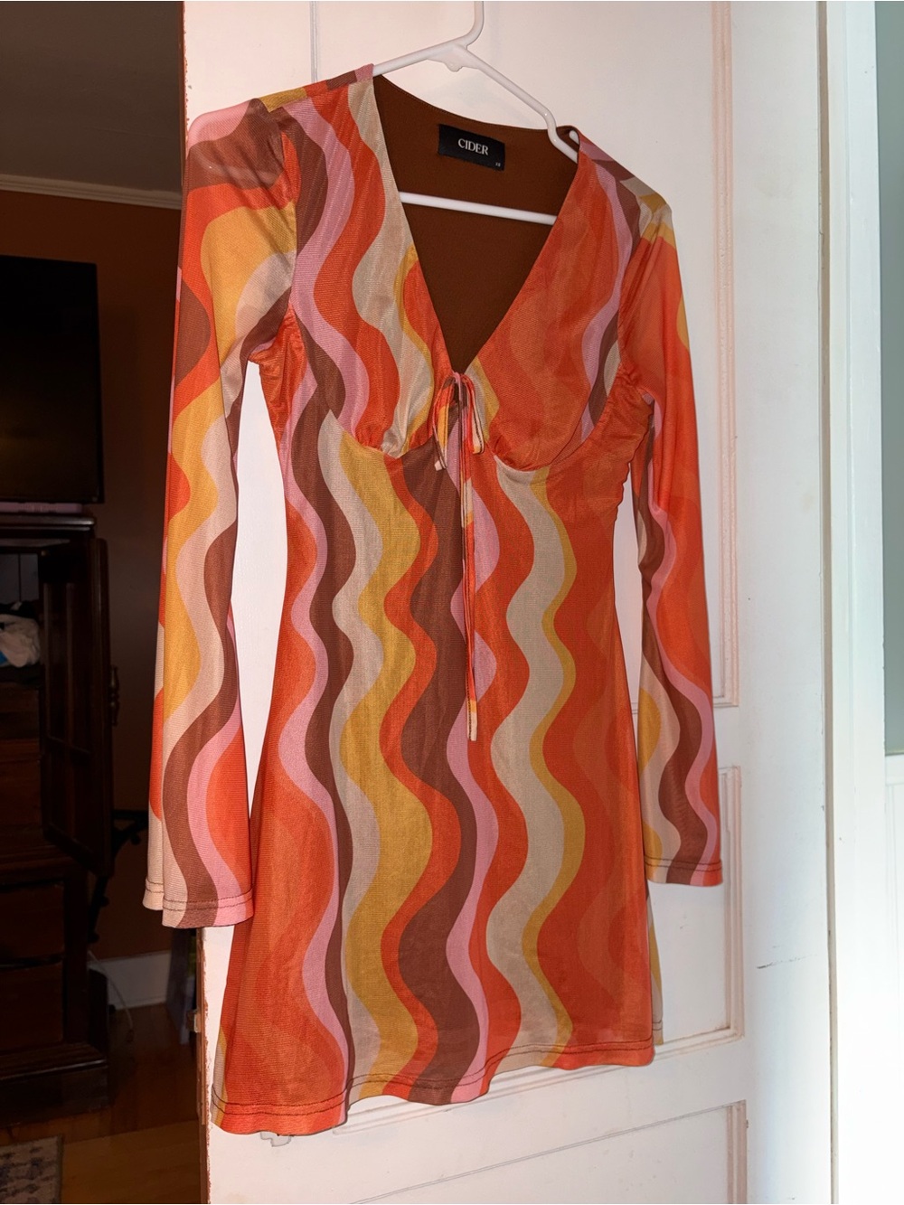 Cider Orange Wave-Print Long Sleeve Mini Dress